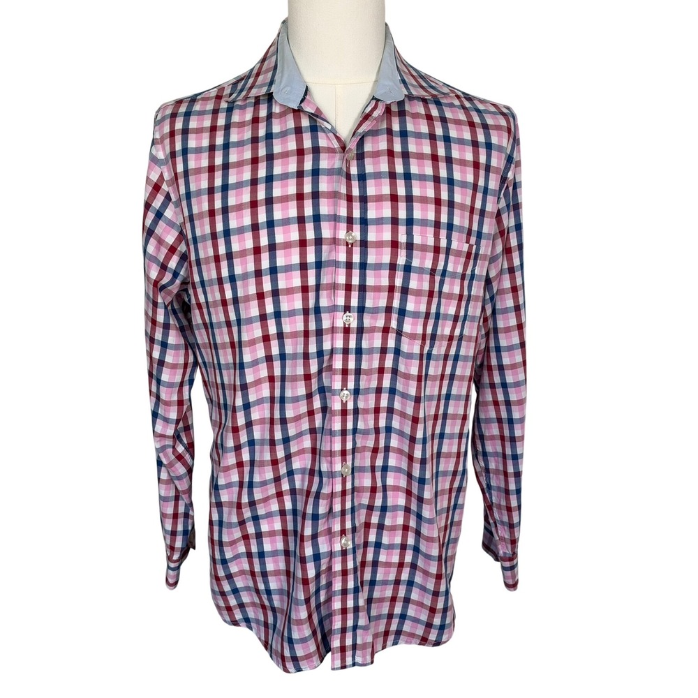 TASSO ELBA Men's Large 16-16.5 Pink Blue Plaid Cotton Button Down Shirt